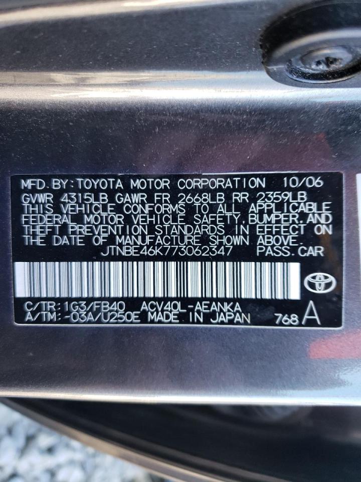 Photo 10 from auction – 2007 TOYOTA CAMRY CE with VIN JTNBE46K773062347