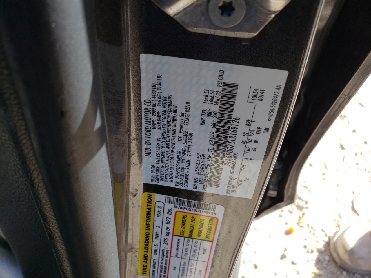Photo 10 from auction – 2020 FORD FUSION S with VIN 3FA6P0G75LR169126