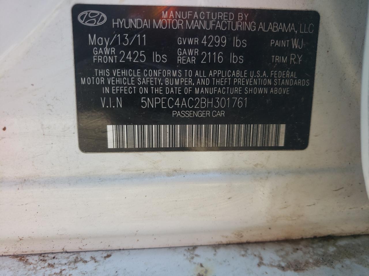 صورة رقم 10 من المزاد - 2011 HYUNDAI SONATA SE مع VIN 5NPEC4AC2BH301761