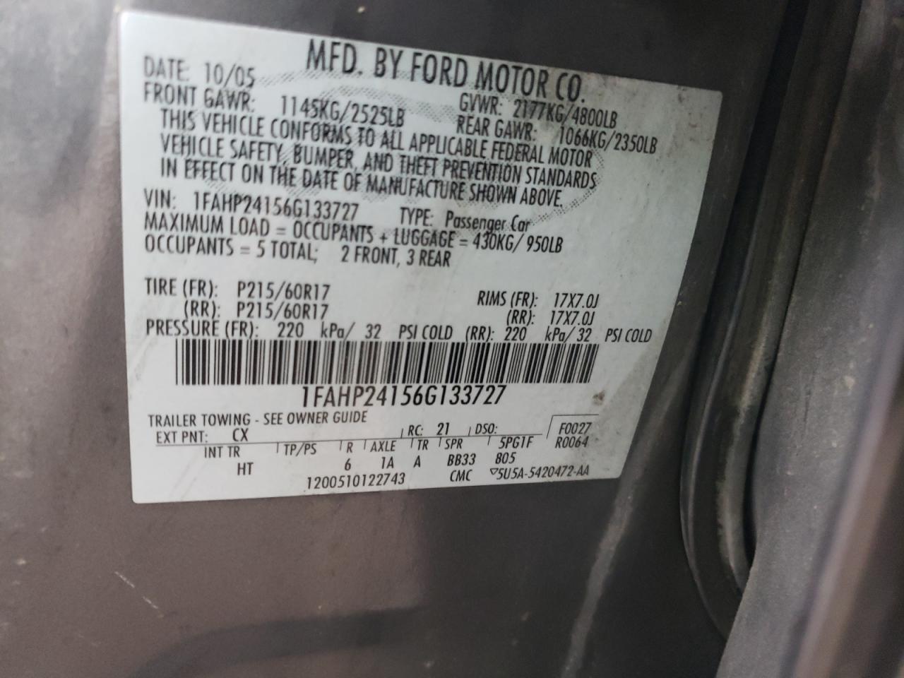Photo 10 from auction – 2006 FORD FIVE HUNDR with VIN 1FAHP24156G133727