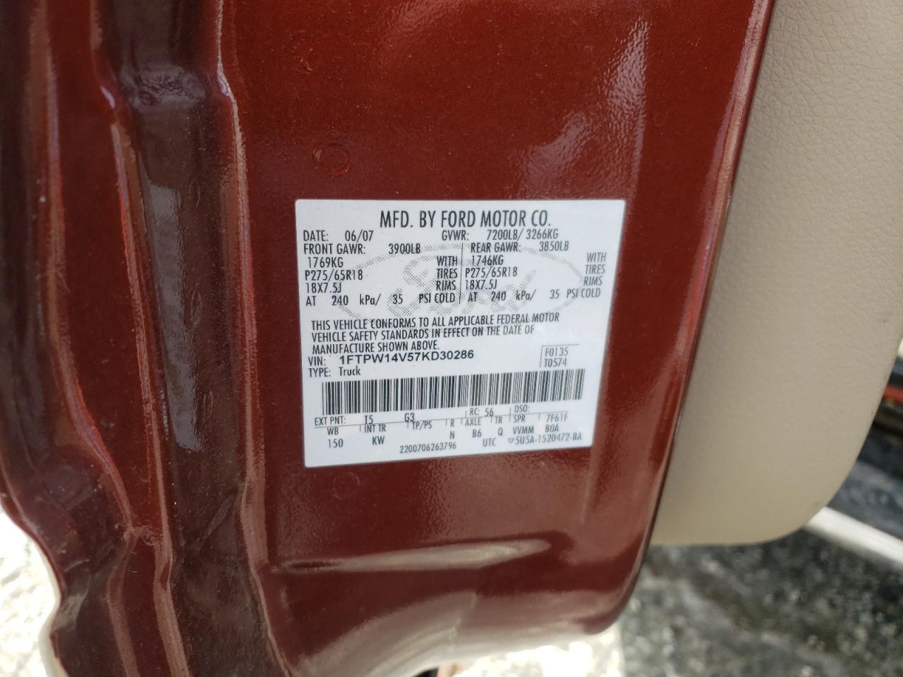 Photo 10 from auction – 2007 FORD F150 SUPER with VIN 1FTPW14V57KD30286