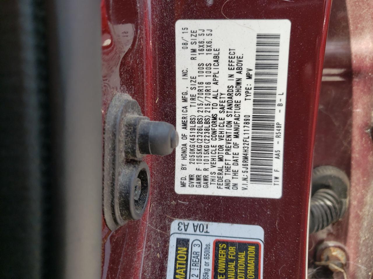 Photo 10 from auction – 2015 HONDA CR-V LX with VIN 5J6RM4H32FL117890
