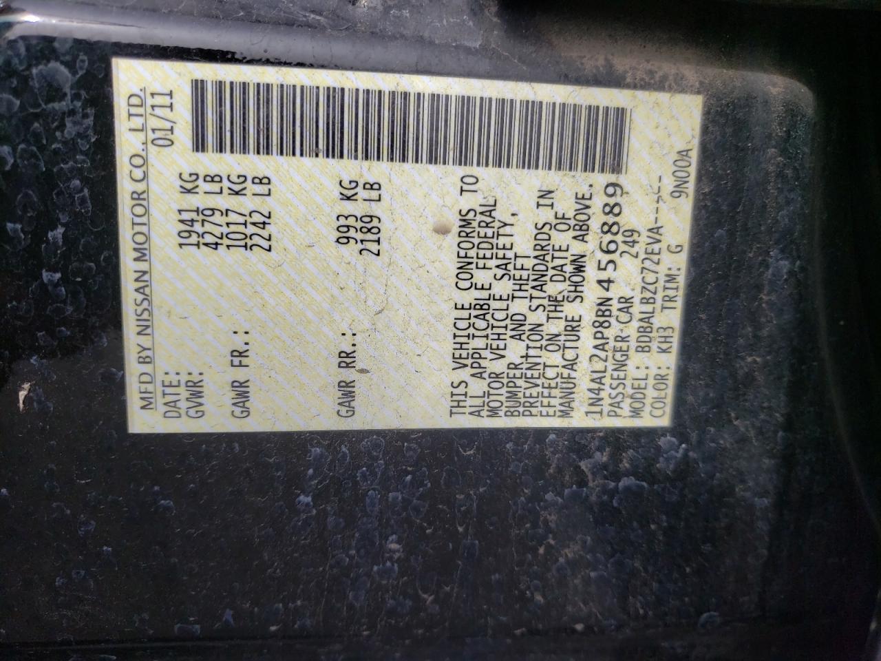 Zdjęcie 10 z aukcji – 2011 NISSAN ALTIMA BAS z VIN 1N4AL2AP8BN456889