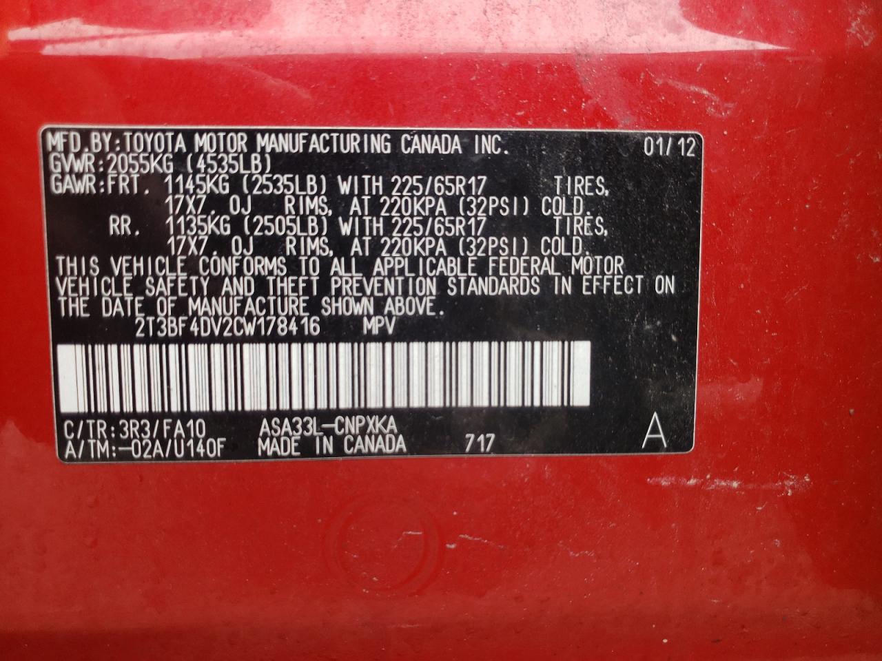 Photo 10 from auction – 2012 TOYOTA RAV4 with VIN 2T3BF4DV2CW178416