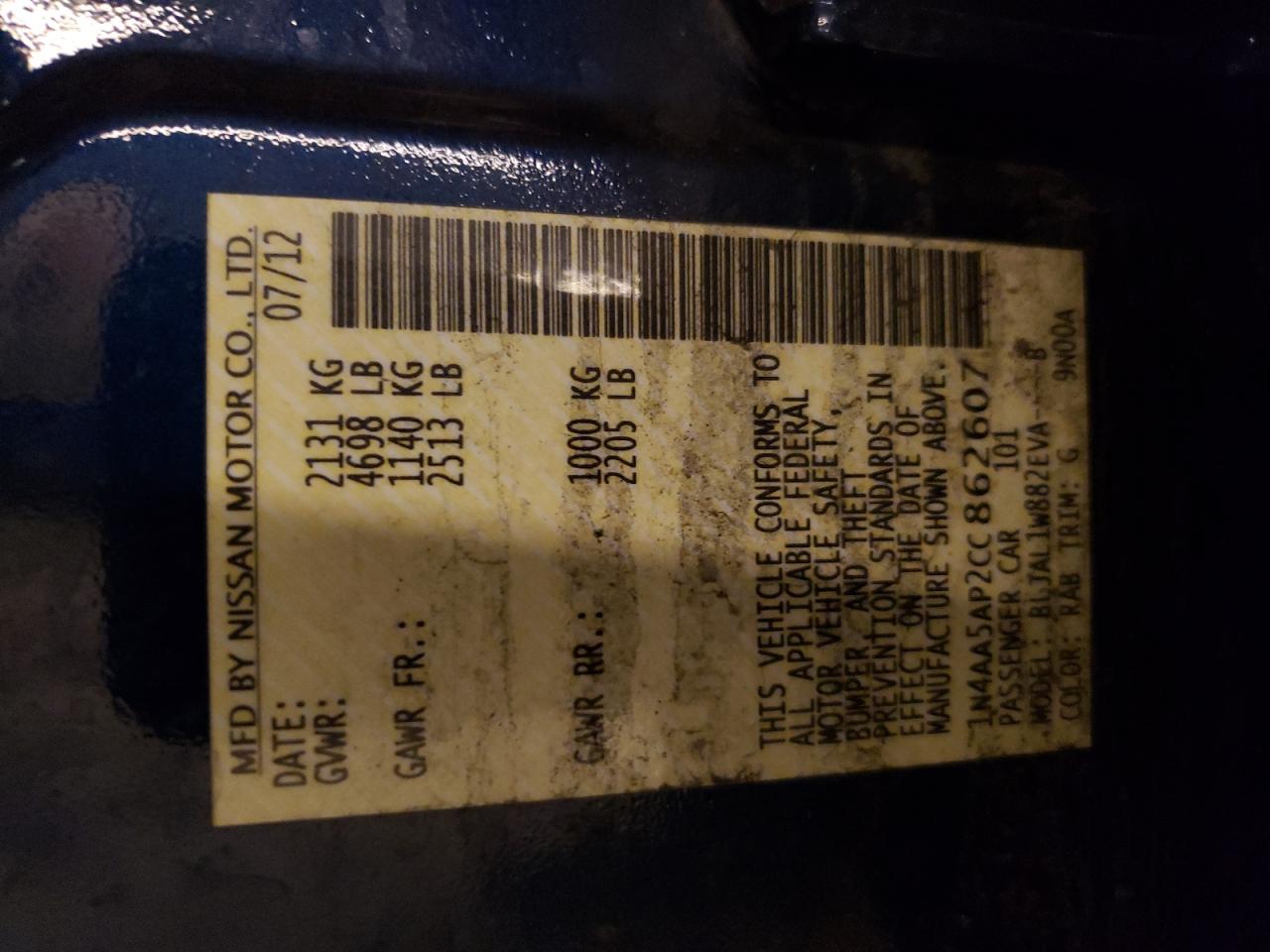 Photo 10 from auction – 2012 NISSAN MAXIMA S with VIN 1N4AA5AP2CC862607