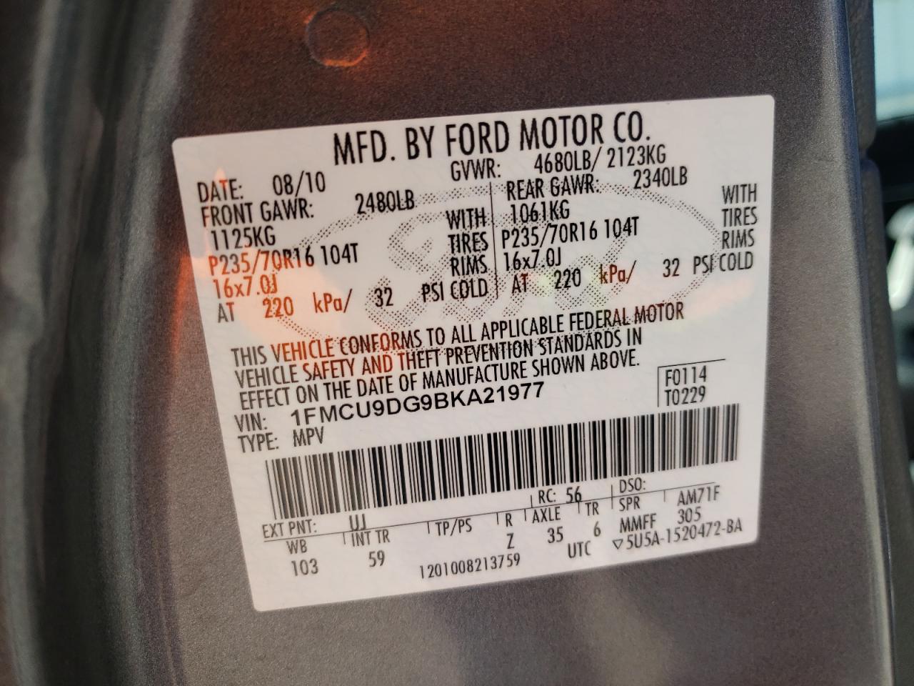 Photo 10 from auction – 2011 FORD ESCAPE XLT with VIN 1FMCU9DG9BKA21977