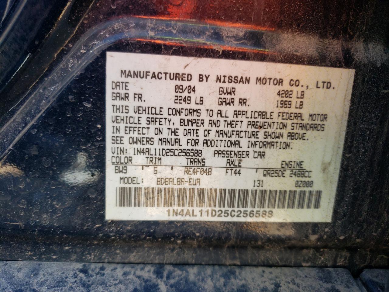 Photo 10 from auction – 2005 NISSAN ALTIMA S with VIN 1N4AL11D25C256588