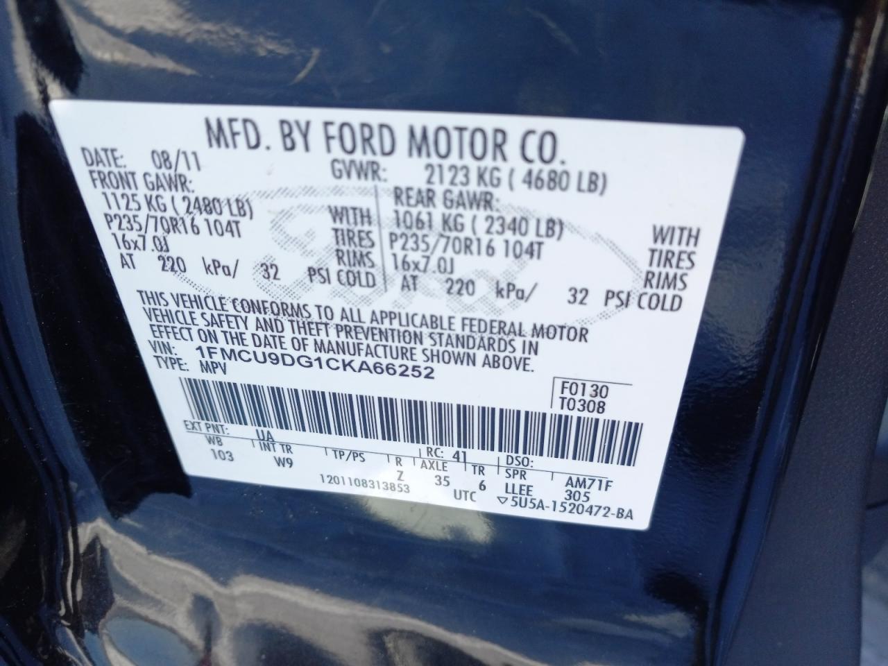 Photo 10 from auction – 2012 FORD ESCAPE XLT with VIN 1FMCU9DG1CKA66252