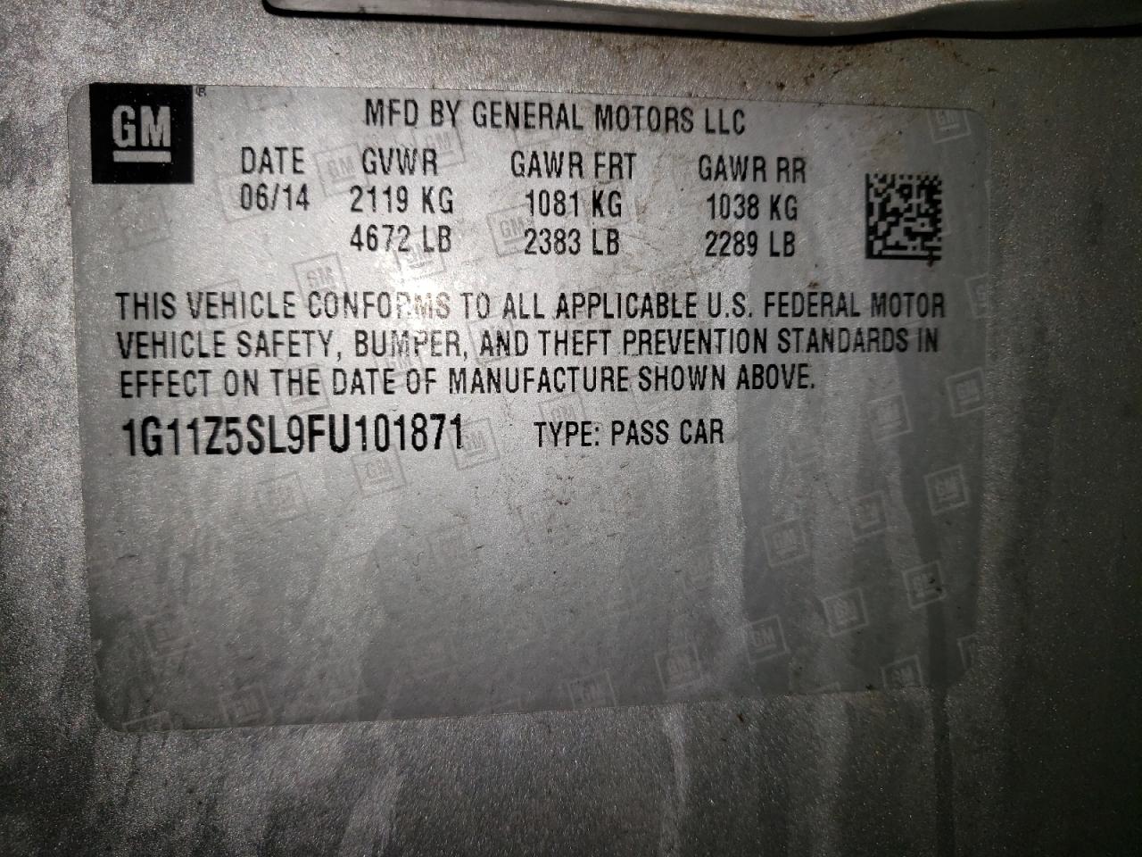 Photo 10 from auction – 2015 CHEVROLET IMPALA LS with VIN 1G11Z5SL9FU101871