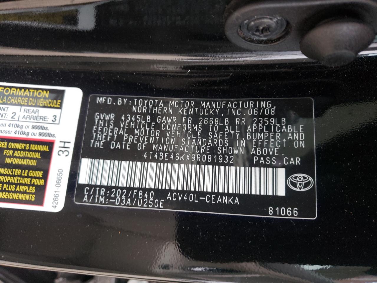 Photo 10 from auction – 2009 TOYOTA CAMRY BASE with VIN 4T4BE46KX9R081932