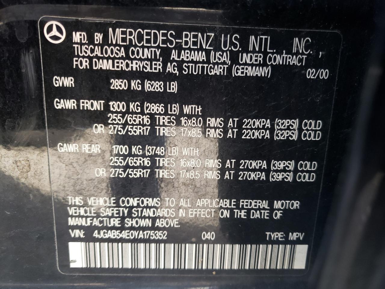 Photo 10 from auction – 2000 MERCEDES-BENZ ML 320 with VIN 4JGAB54E0YA175352