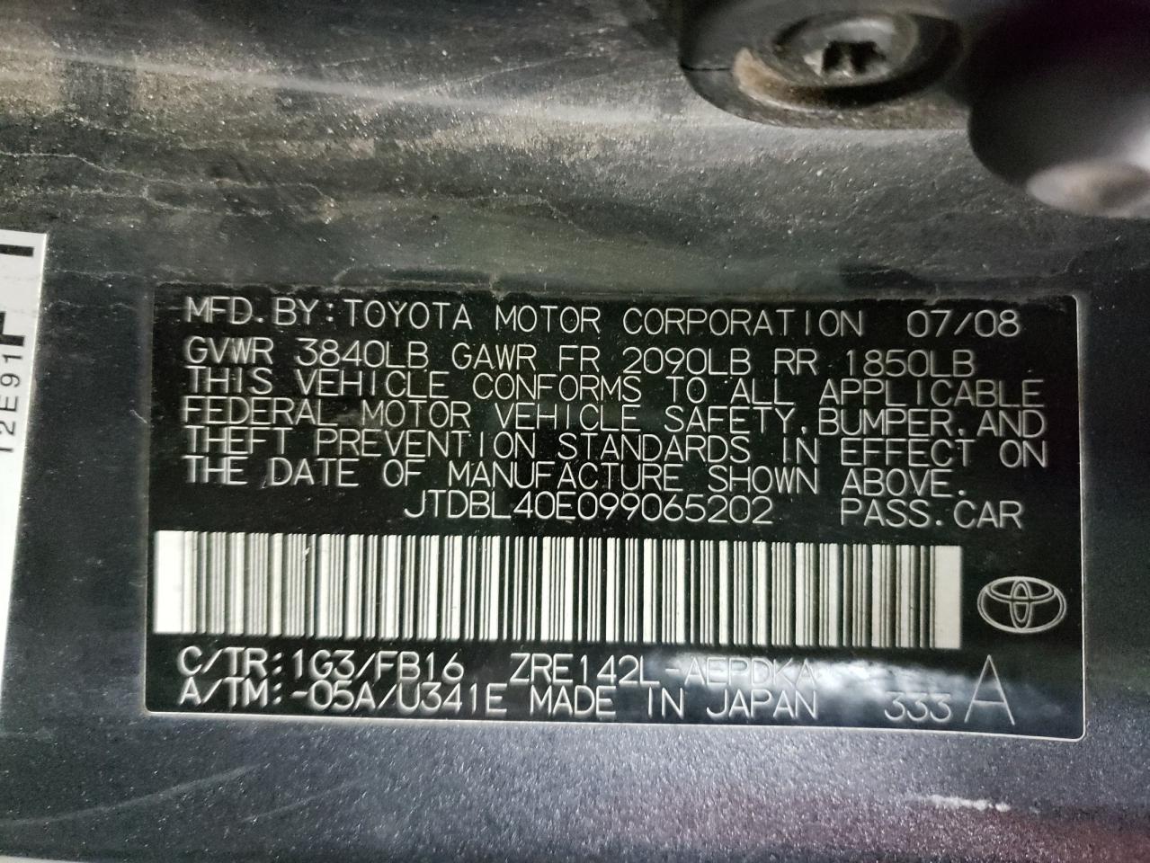 Photo 10 from auction – 2009 TOYOTA COROLLA BA with VIN JTDBL40E099065202