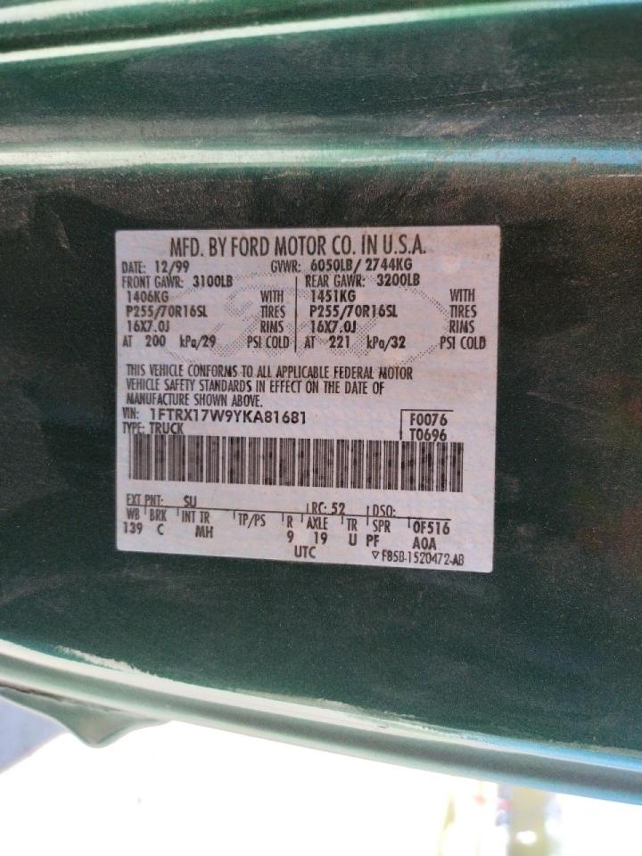 Photo 10 from auction – 2000 FORD F150 with VIN 1FTRX17W9YKA81681