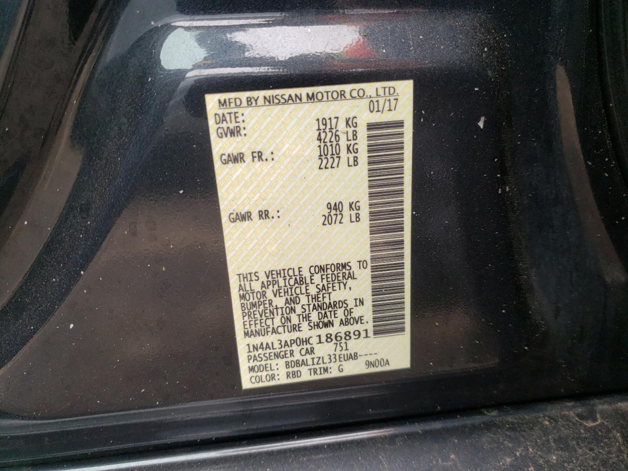 Photo 10 from auction – 2017 NISSAN ALTIMA 2.5 with VIN 1N4AL3AP0HC186891