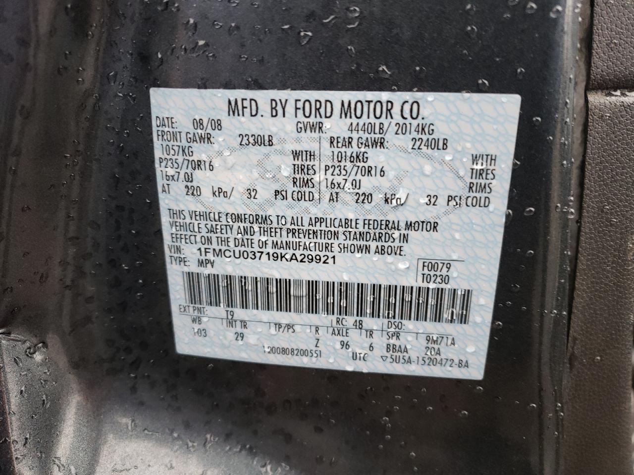 Photo 10 from auction – 2009 FORD ESCAPE XLT with VIN 1FMCU03719KA29921