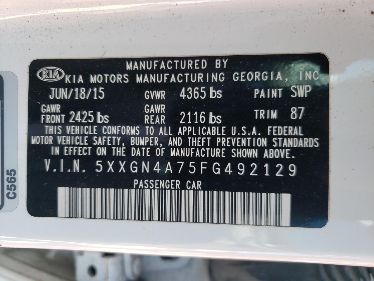 Photo 10 from auction – 2015 KIA OPTIMA EX with VIN 5XXGN4A75FG492129