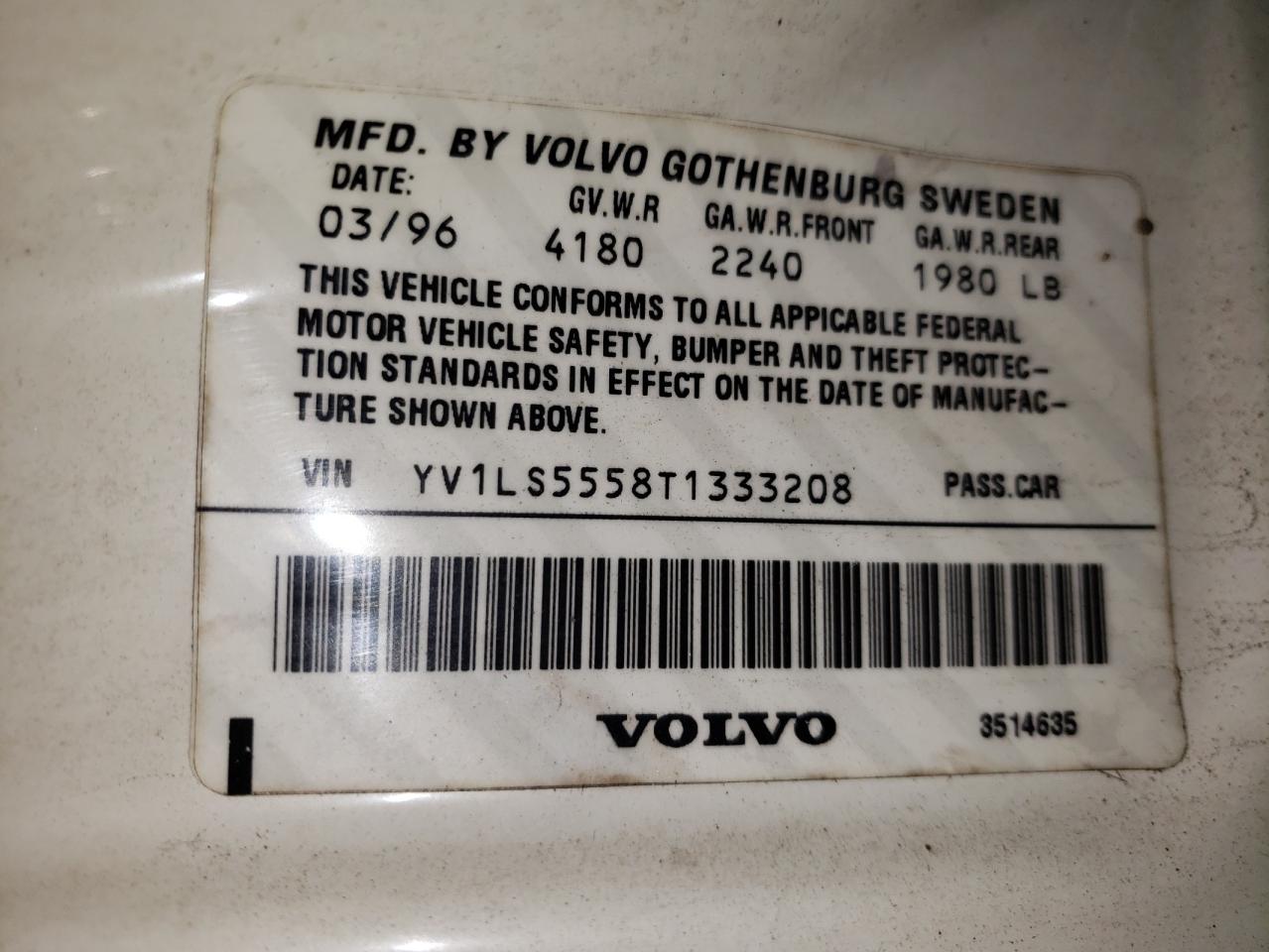Photo 10 from auction – 1996 VOLVO 850 BASE with VIN YV1LS5558T1333208
