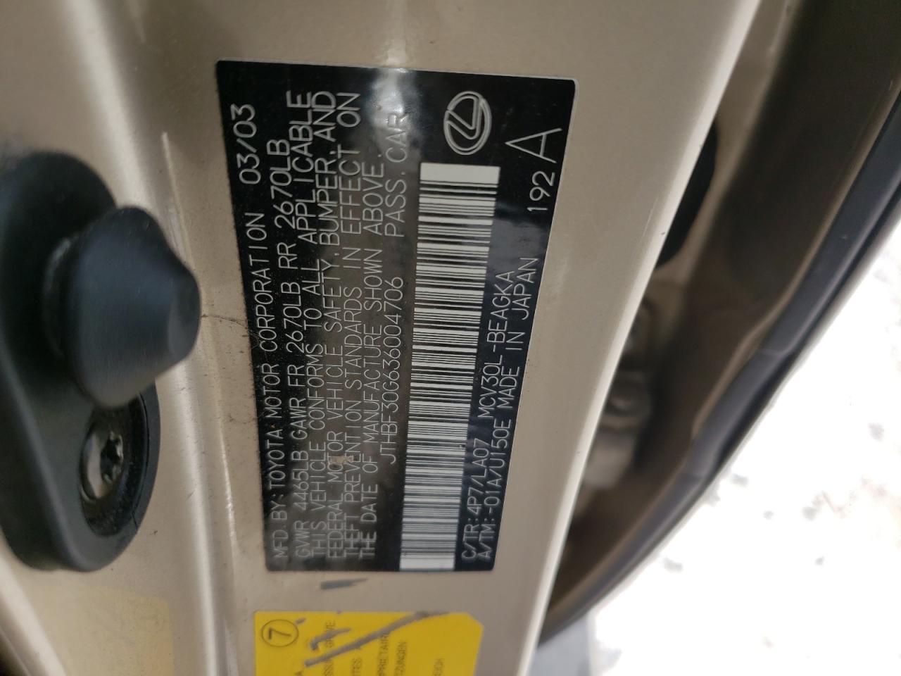 Photo 10 from auction – 2003 LEXUS ES 300 with VIN JTHBF30G636004706