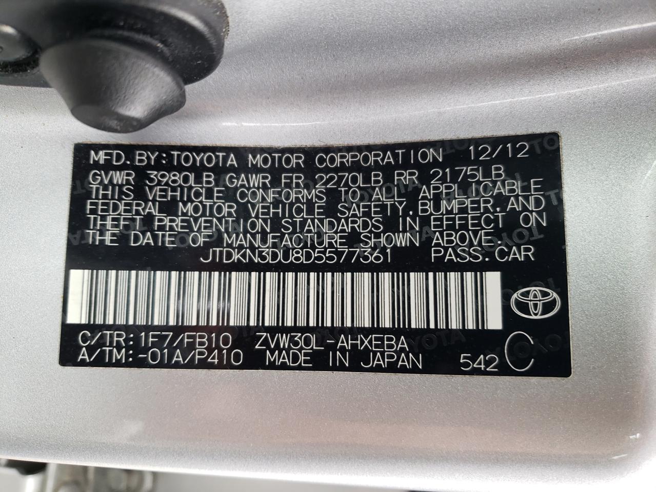Photo 10 from auction – 2013 TOYOTA PRIUS with VIN JTDKN3DU8D5577361