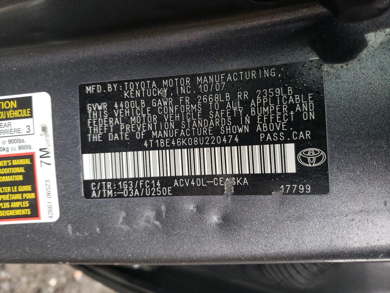 Photo 10 from auction – 2008 TOYOTA CAMRY CE with VIN 4T1BE46K08U220474