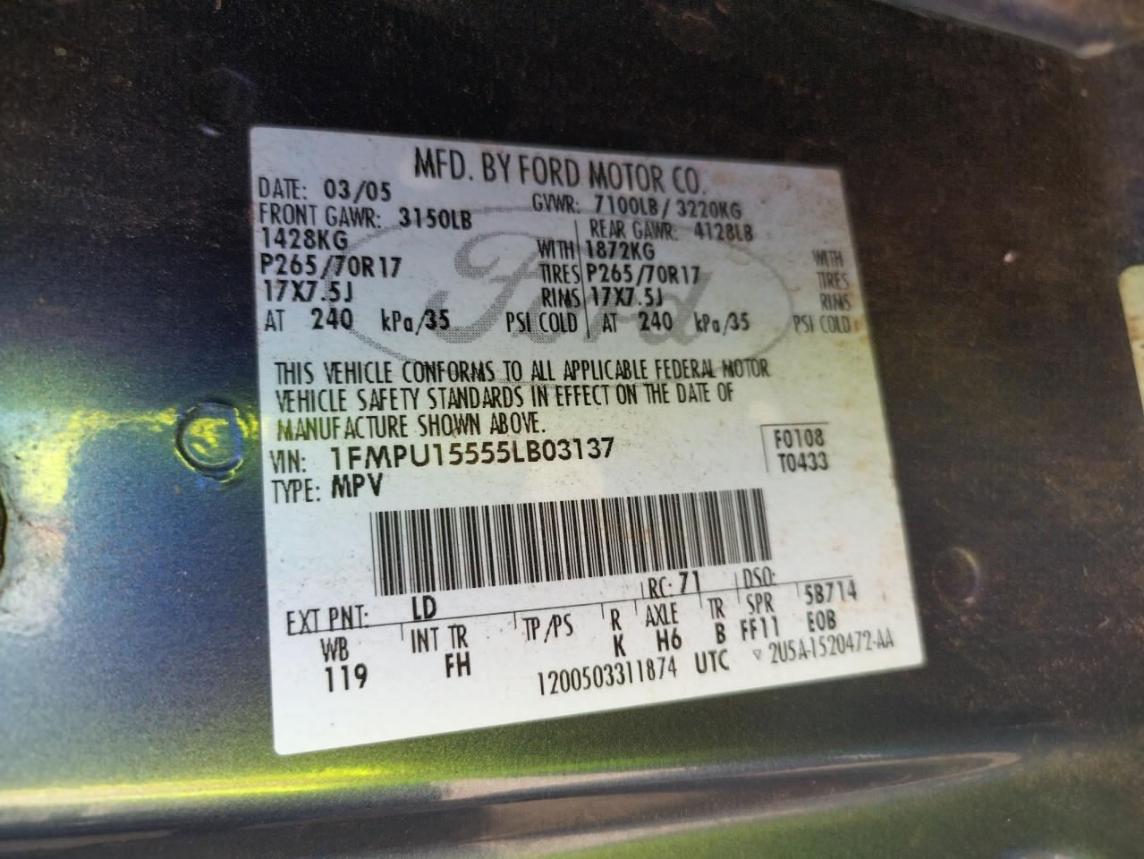 Photo 10 from auction – 2005 FORD EXPEDITION with VIN 1FMPU15555LB03137