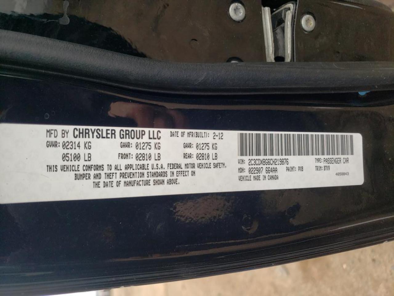 Photo 10 from auction – 2012 DODGE CHARGER SE with VIN 2C3CDXBG6CH219876