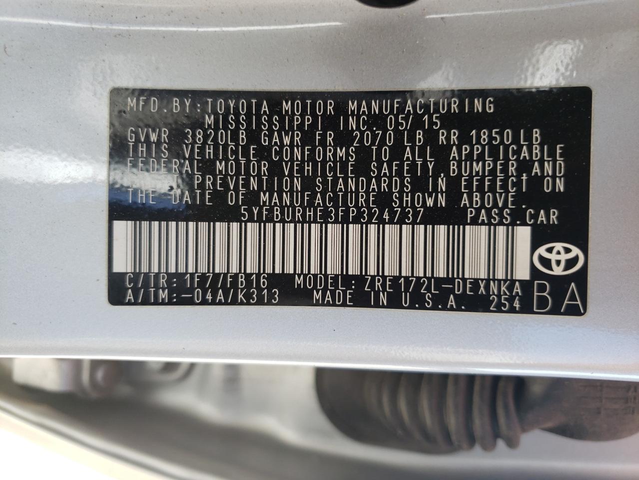 Photo 10 from auction – 2015 TOYOTA COROLLA L with VIN 5YFBURHE3FP324737