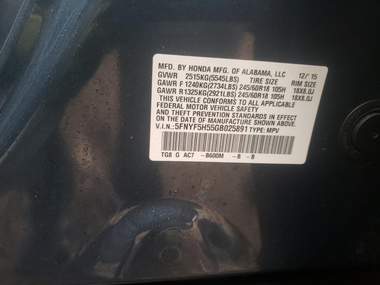 Photo 10 from auction – 2016 HONDA PILOT EXL with VIN 5FNYF5H55GB025891