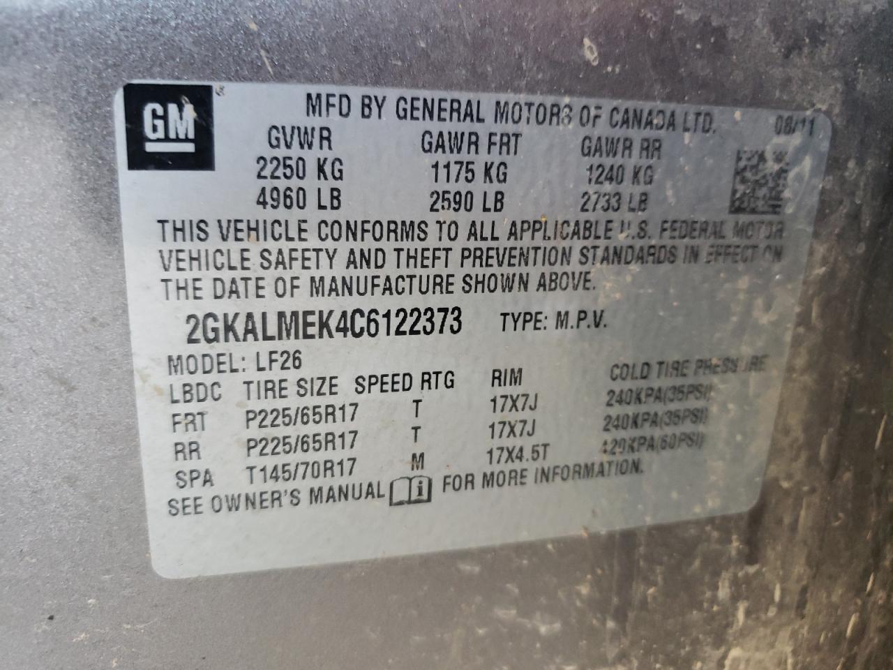 Photo 10 from auction – 2012 GMC TERRAIN SL with VIN 2GKALMEK4C6122373