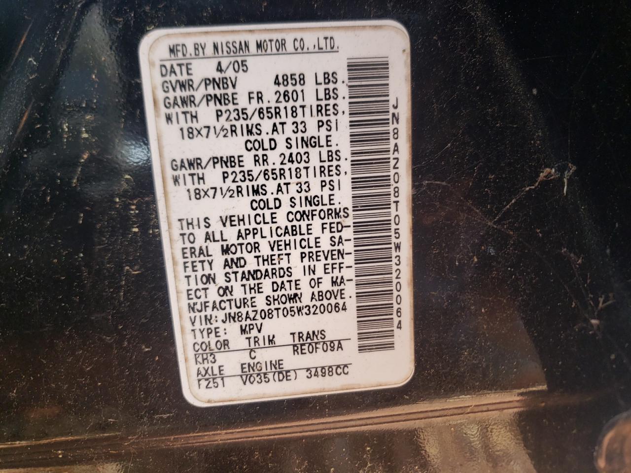 Photo 10 from auction – 2005 NISSAN MURANO SL with VIN JN8AZ08T05W320064