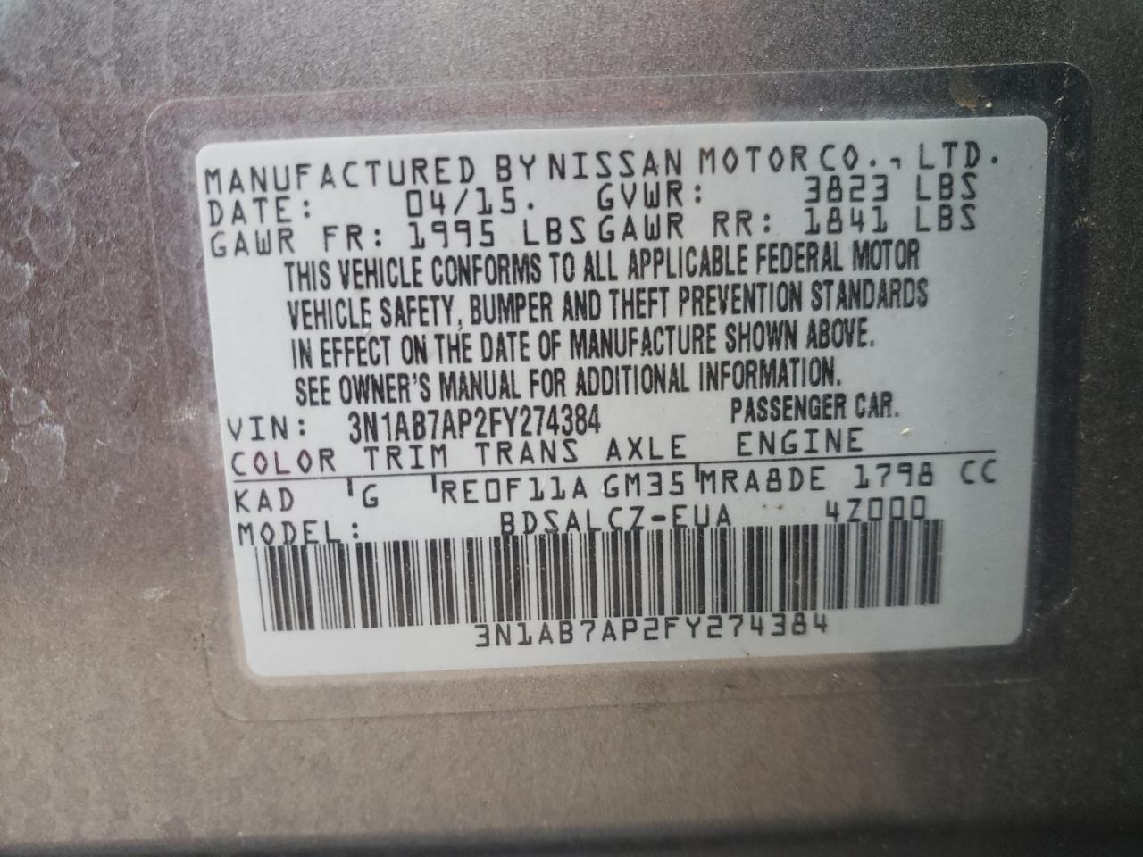 Photo 10 from auction – 2015 NISSAN SENTRA S with VIN 3N1AB7AP2FY274384