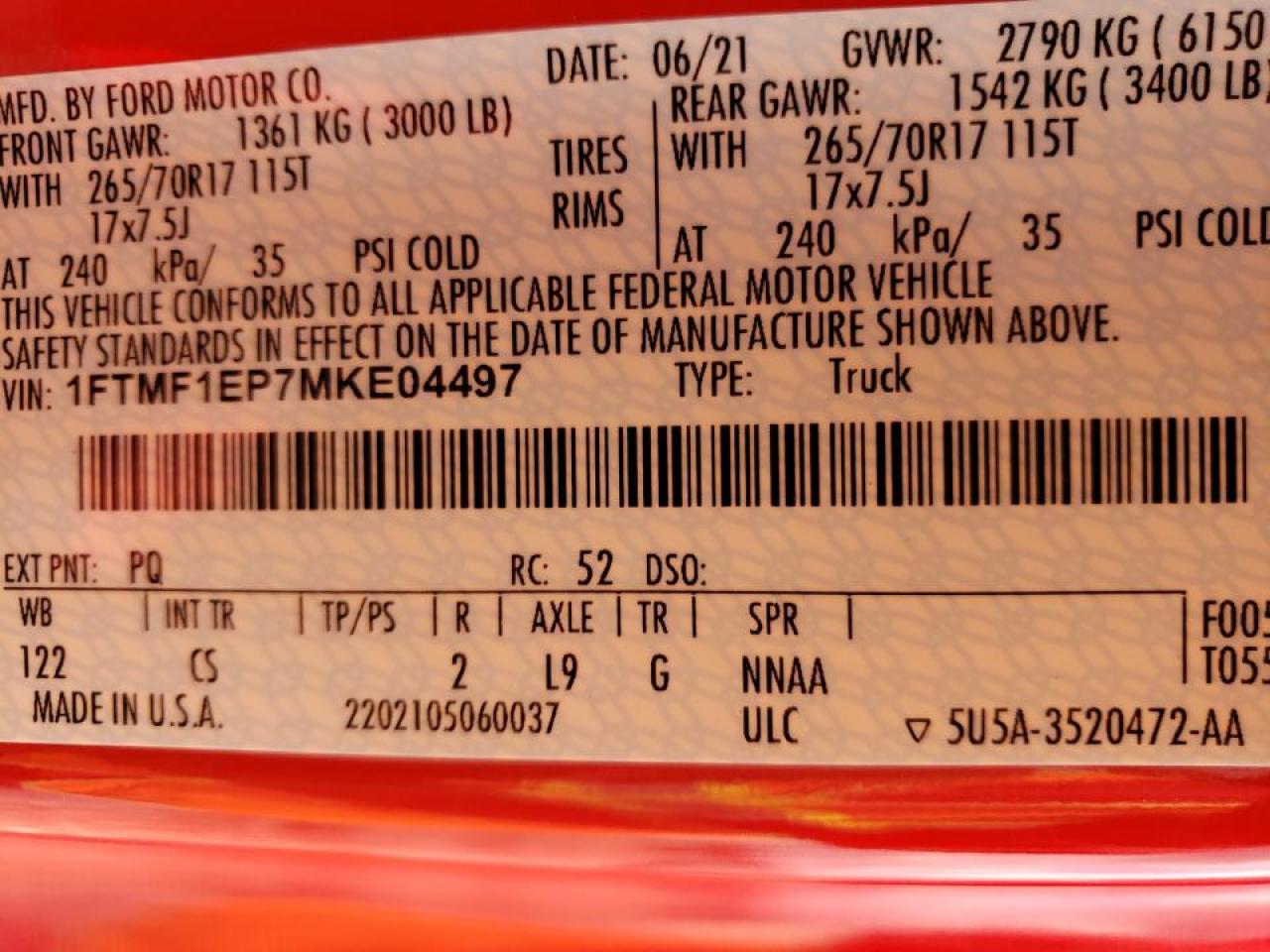 Photo 10 from auction – 2021 FORD F150 with VIN 1FTMF1EP7MKE04497