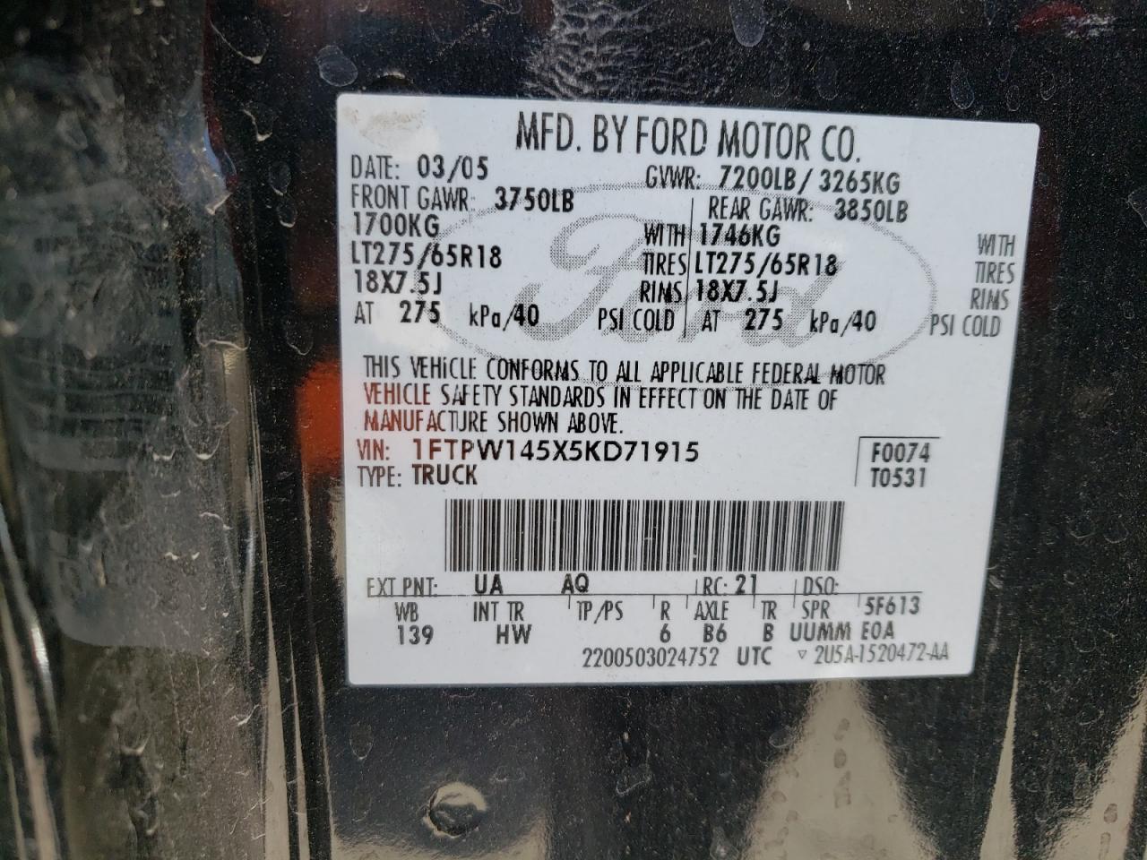 Photo 10 from auction – 2005 FORD F150 SUPER with VIN 1FTPW145X5KD71915