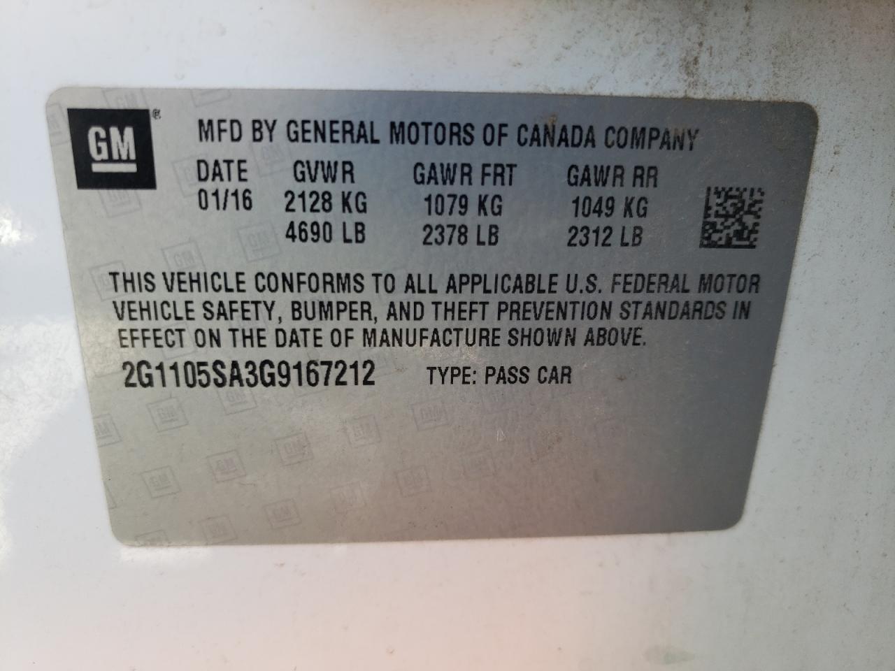 Photo 10 from auction – 2016 CHEVROLET IMPALA LT with VIN 2G1105SA3G9167212