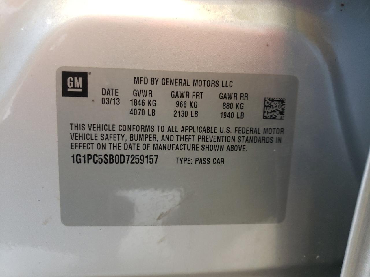 Photo 10 from auction – 2013 CHEVROLET CRUZE LT with VIN 1G1PC5SB0D7259157