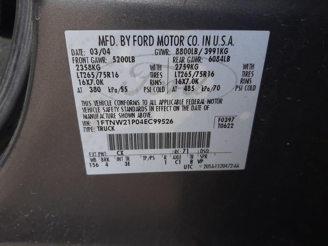 Photo 10 from auction – 2004 FORD F-250 with VIN 1FTNW21P04EC99526