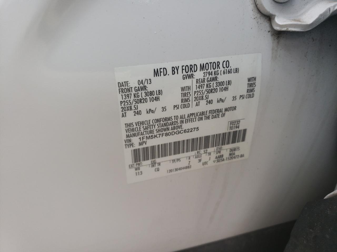 Photo 10 from auction – 2013 FORD EXPLORER L with VIN 1FM5K7F80DGC62275