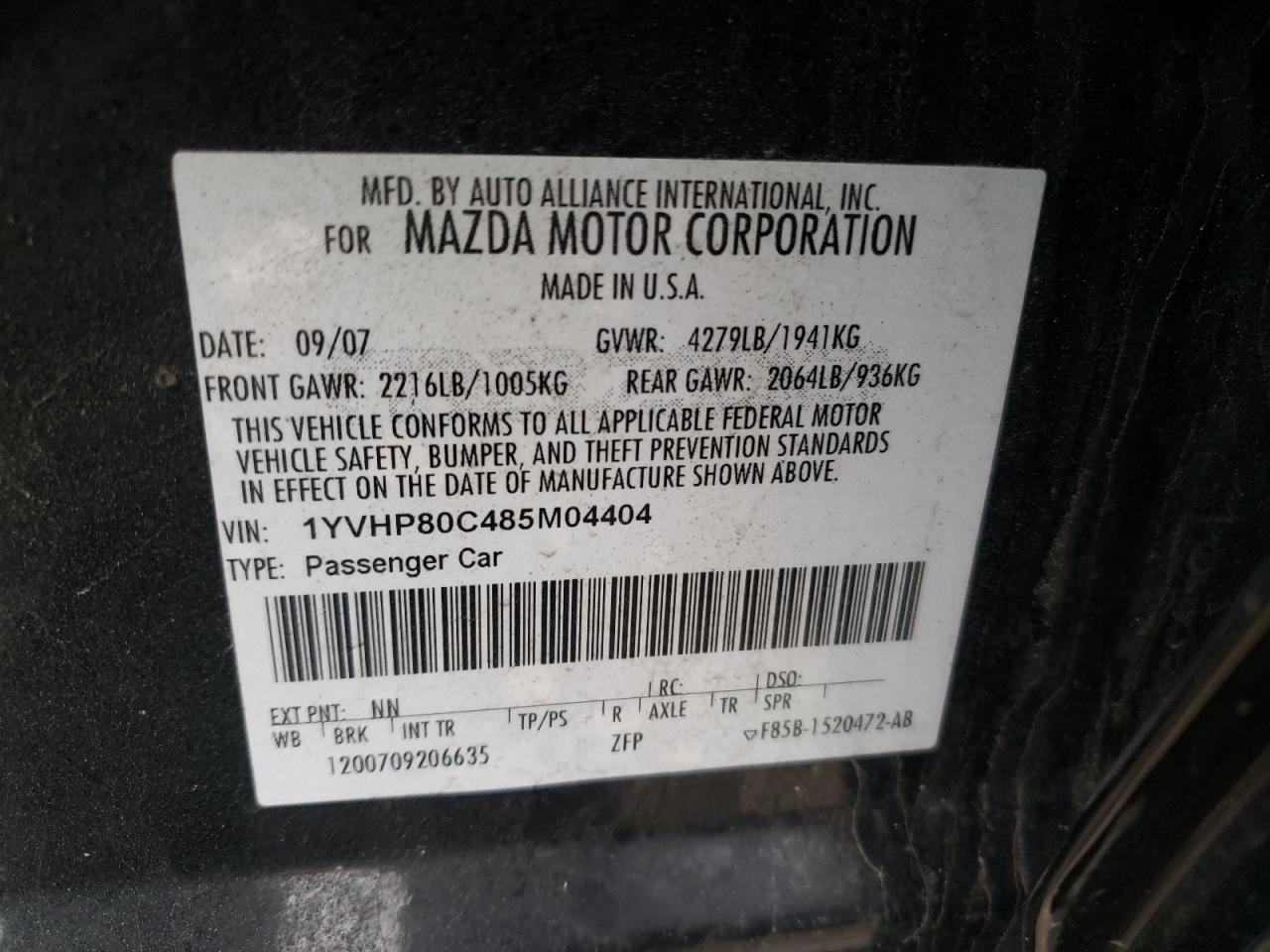 Photo 10 from auction – 2008 MAZDA 6 I with VIN 1YVHP80C485M04404