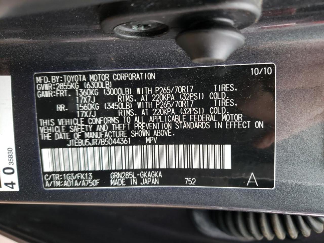 Photo 10 from auction – 2011 TOYOTA 4RUNNER SR with VIN JTEBU5JR7B5044361