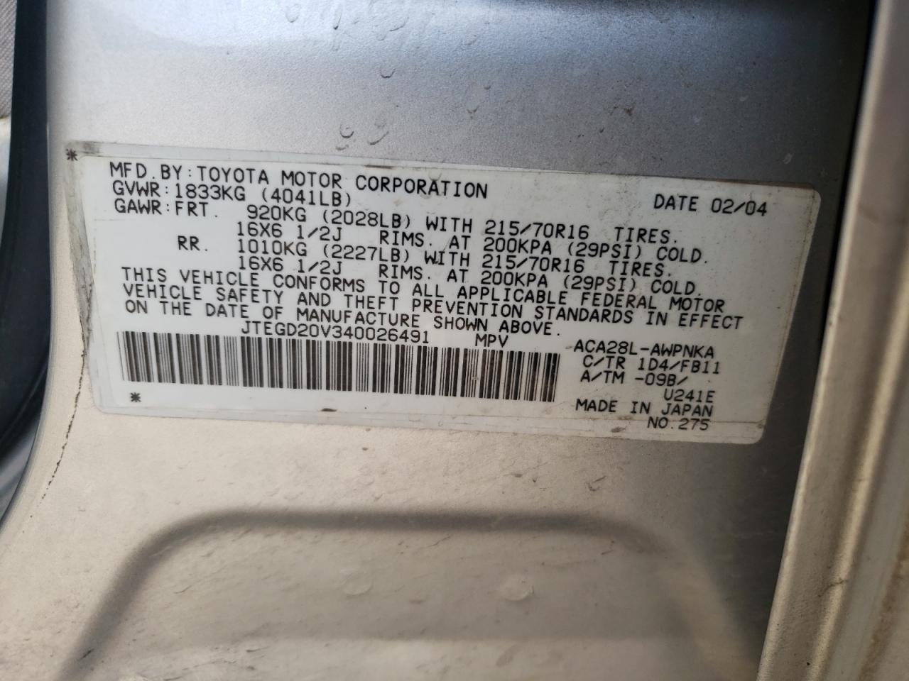 Photo 10 from auction – 2004 TOYOTA RAV4 with VIN JTEGD20V340026491