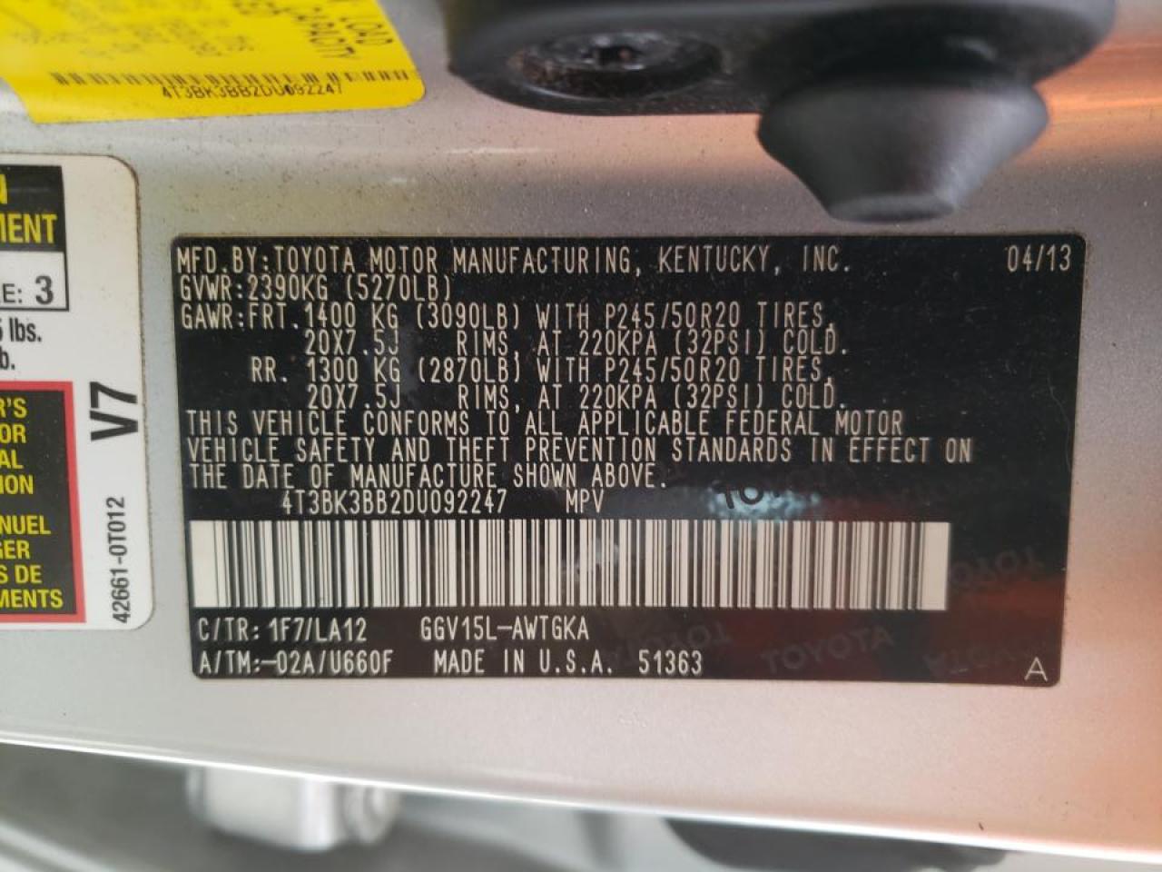 Photo 10 from auction – 2013 TOYOTA VENZA LE with VIN 4T3BK3BB2DU092247
