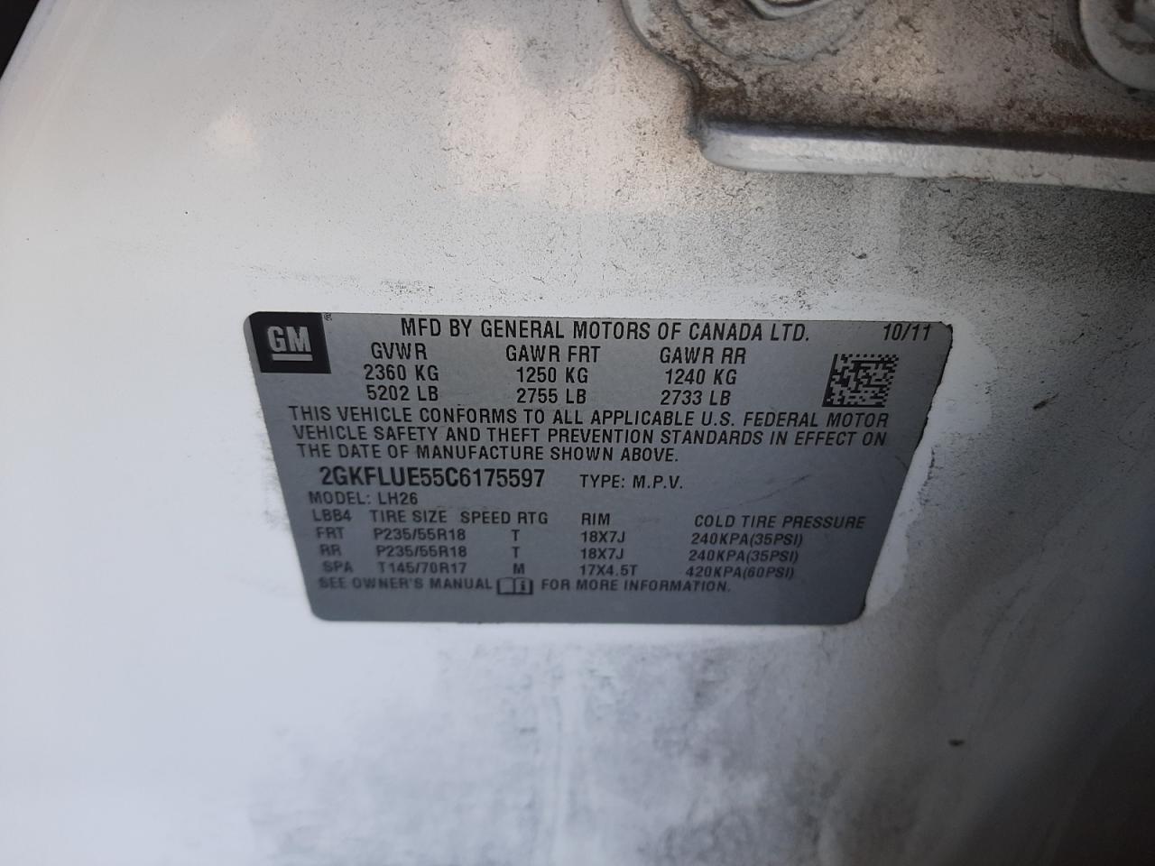 Foto 10 de la subasta – 2012 GMC TERRAIN SL con VIN 2GKFLUE55C6175597