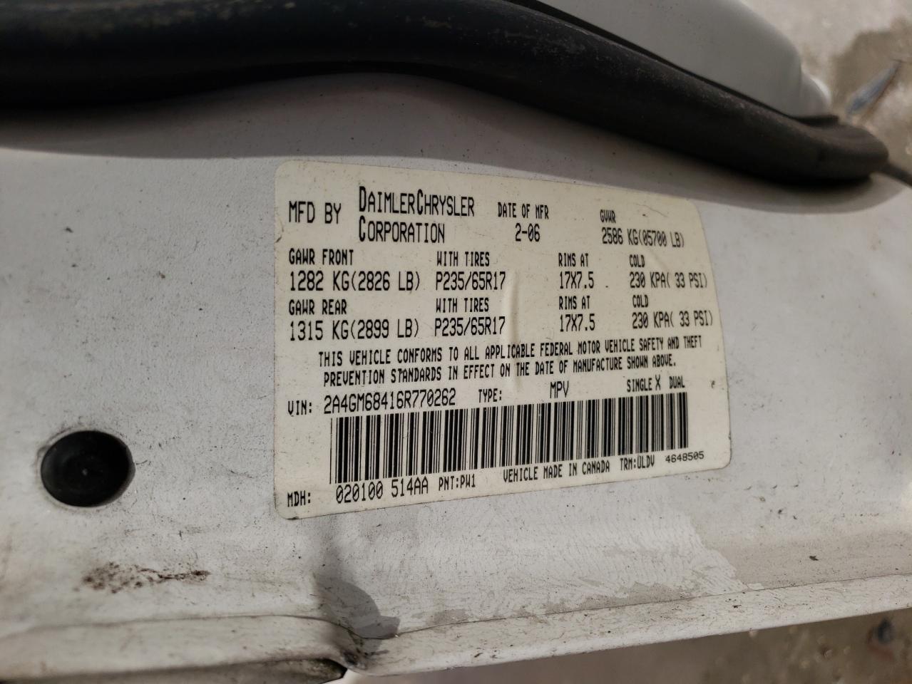 Photo 10 from auction – 2006 CHRYSLER PACIFICA T with VIN 2A4GM68416R770262