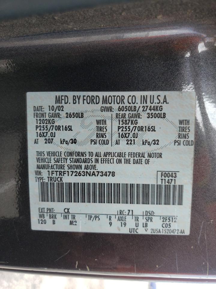 Photo 10 from auction – 2003 FORD F150 with VIN 1FTRF17263NA73478