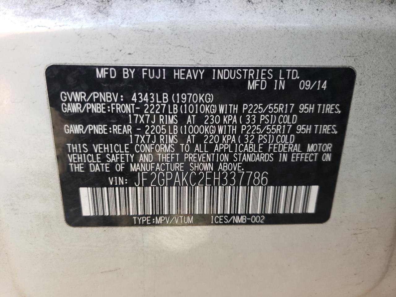Photo 10 from auction – 2014 SUBARU XV CROSSTR with VIN JF2GPAKC2EH337786
