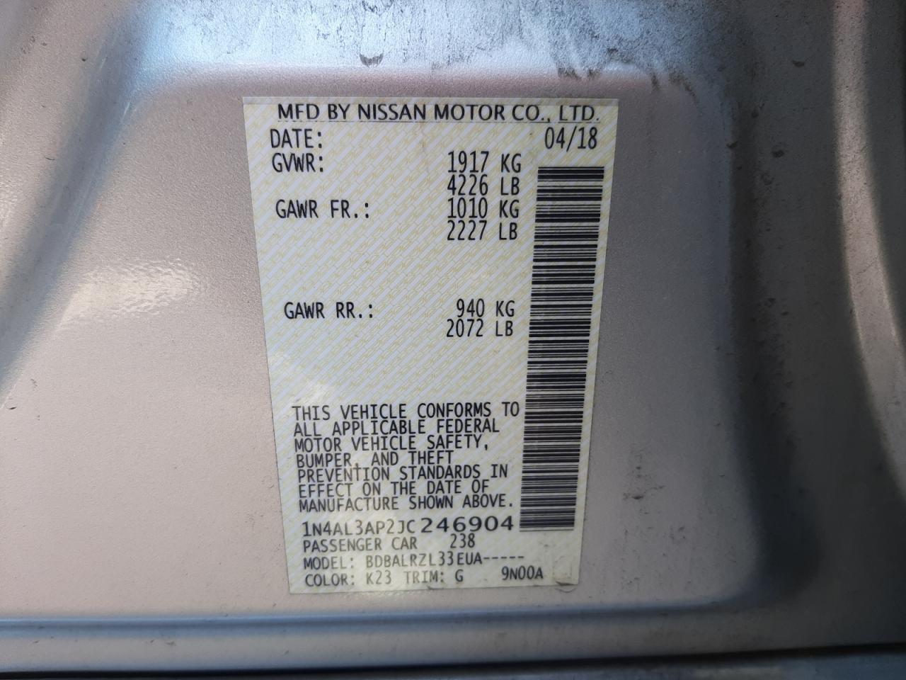 Photo 10 from auction – 2018 NISSAN ALTIMA 2.5 with VIN 1N4AL3AP2JC246904