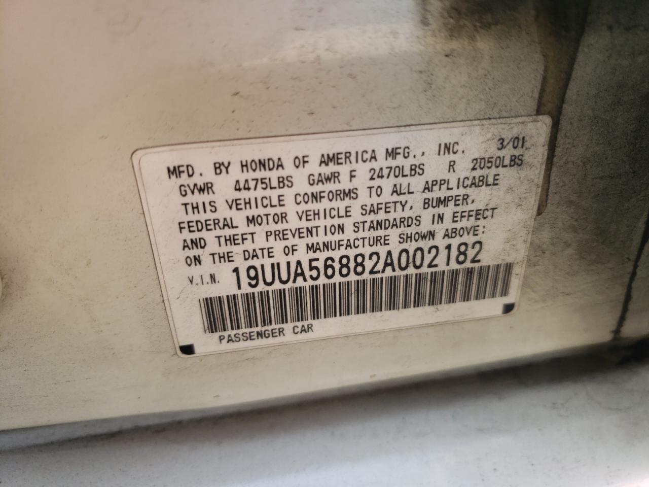 Photo 10 from auction – 2002 ACURA 3.2TL TYPE with VIN 19UUA56882A002182