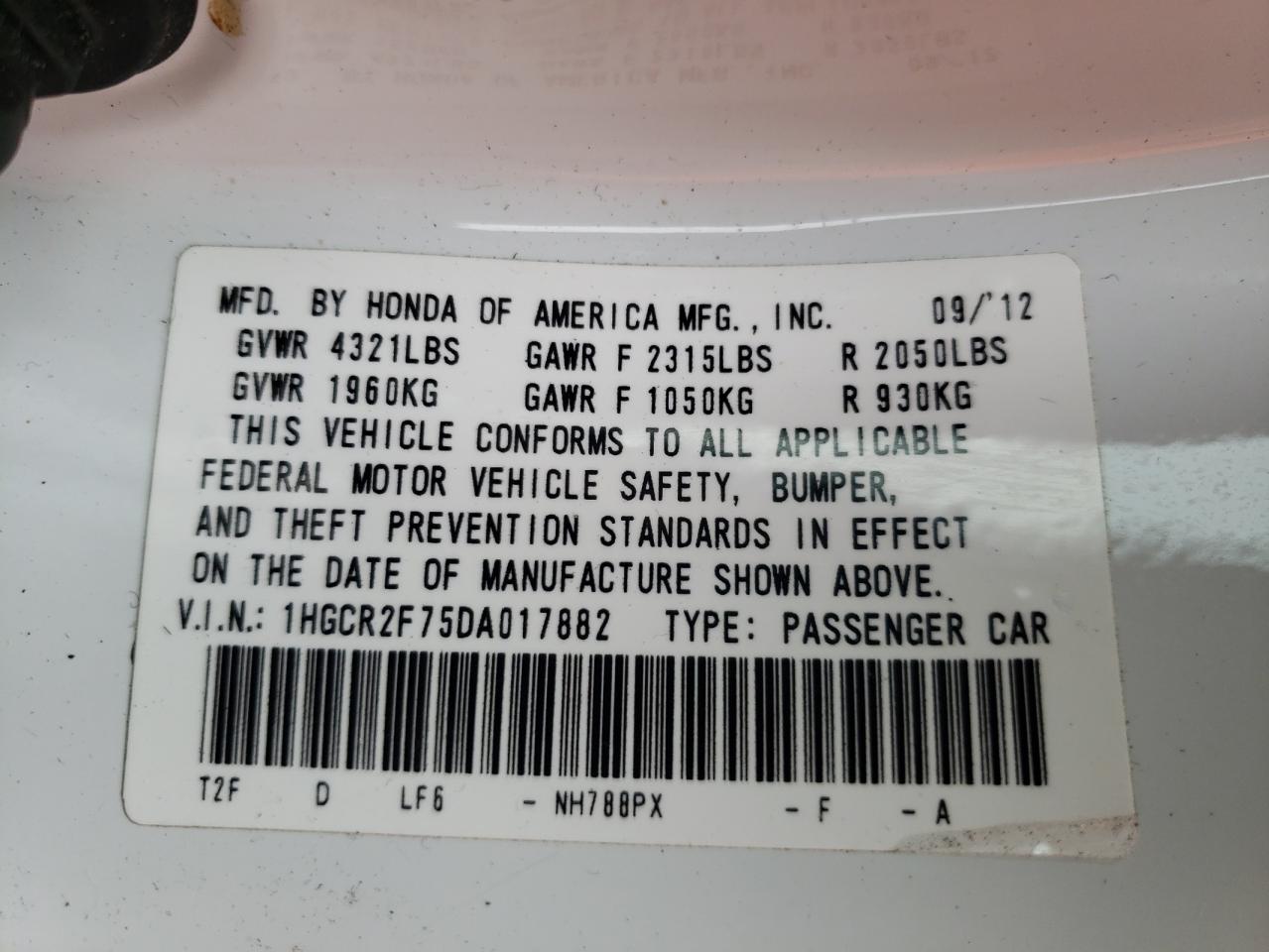 Photo 10 from auction – 2013 HONDA ACCORD EX with VIN 1HGCR2F75DA017882