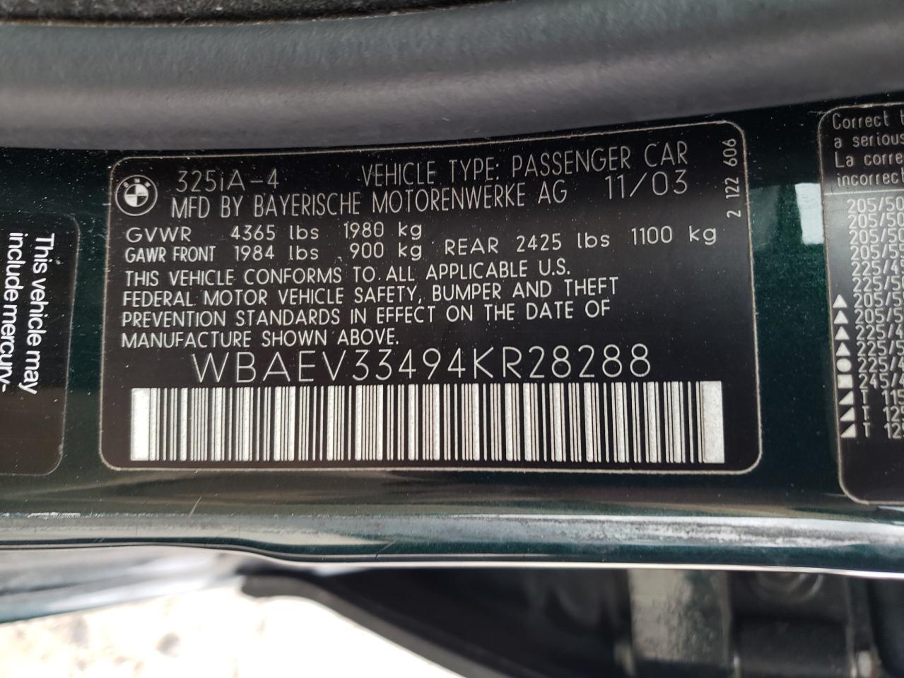 Photo 10 from auction – 2004 BMW 325 I with VIN WBAEV33494KR28288