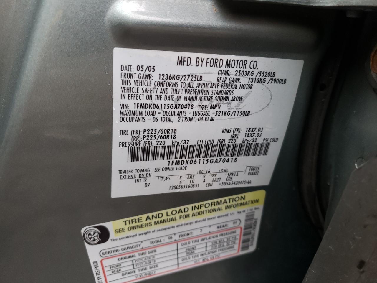 Photo 10 from auction – 2005 FORD FREESTYLE with VIN 1FMDK06115GA70418